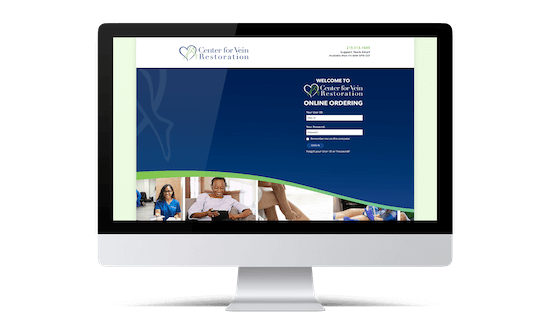 image of a computer screen with the log-in page showing for the Center for Vein Restoration's online ordering portal. The log-in screen is blue with photos of patients and nurses across the bottom. The text for the log-in form is in white. The portal allows users to print marketing materials on demand.
